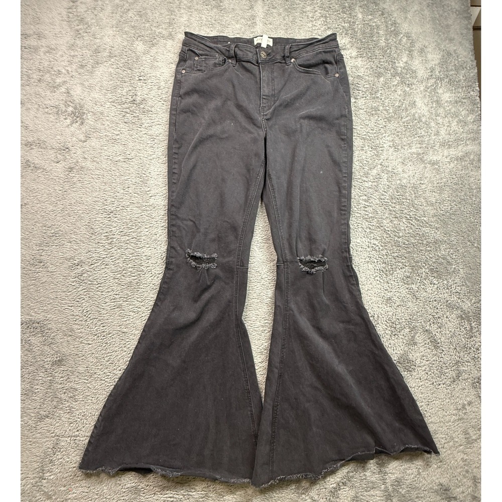 Shyanne Distressed Cowgirl Flare Leg Bell Bottom Black Jeans Women 33x34 Stretch
